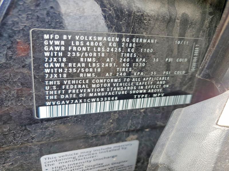 51688086 :رقم المزاد ، WVGAV7AX1CW533546 vin ، 2012 Volkswagen Tiguan مزاد بيع
