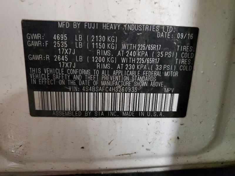 49797046 :رقم المزاد ، 4S4BSAFC4H3260935 vin ، 2017 Subaru Outback مزاد بيع