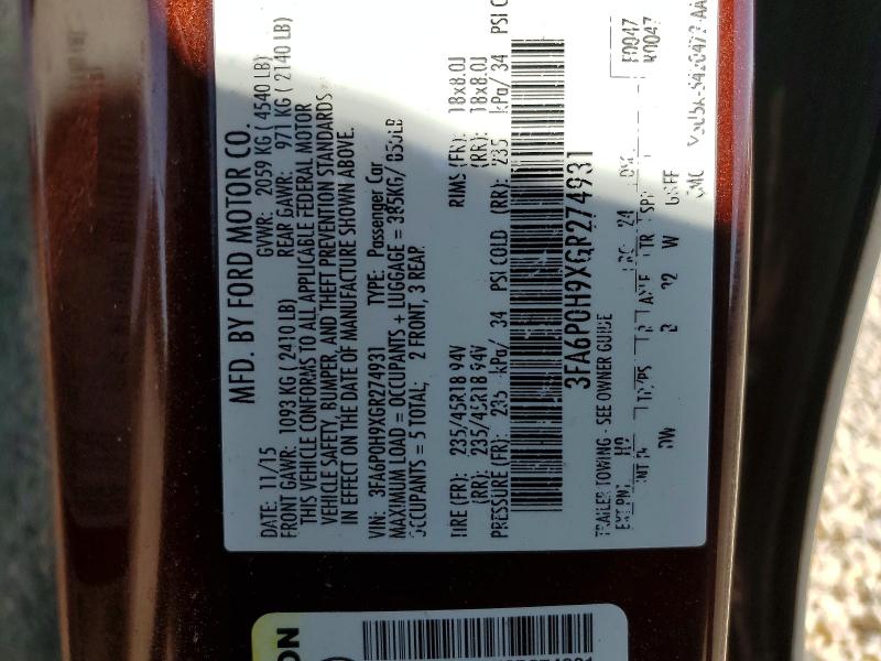 Продаж на аукціоні авто 2016 Ford Fusion, vin: 3FA6P0H9XGR274931, номер лоту: 51193566