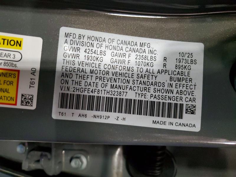 50422686 :رقم المزاد ، 2HGFE4F81TH323877 vin ، 2026 Honda Civic مزاد بيع