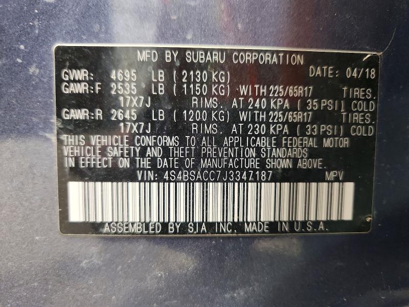 2018 Subaru Outback მანქანა იყიდება აუქციონზე, vin: 4S4BSACC7J3347187, აუქციონის ნომერი: 51259526