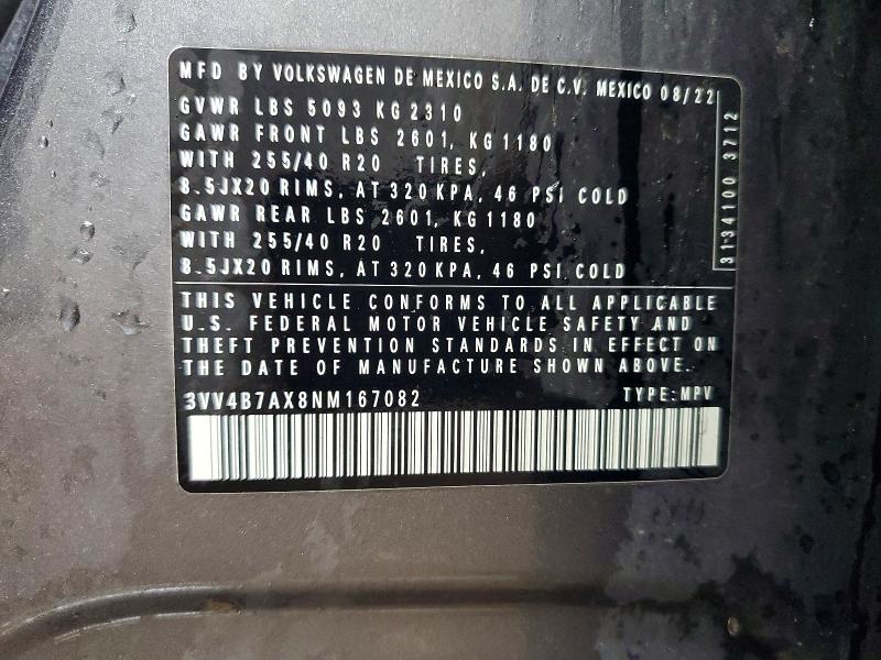 Aukcja sprzedaży 2022 Volkswagen Tiguan, vin: 3VV4B7AX8NM167082, numer aukcji: 51333316
