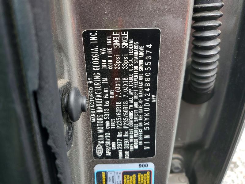 2011 Kia Sorento მანქანა იყიდება აუქციონზე, vin: 5XYKUDA24BG055374, აუქციონის ნომერი: 51591456