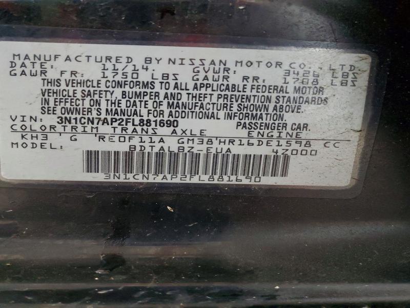 51488286 :رقم المزاد ، 3N1CN7AP2FL881690 vin ، 2015 Nissan Versa مزاد بيع