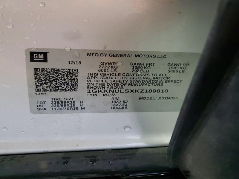 48964376 :رقم المزاد ، 1GKKNULSXKZ189810 vin ، 2019 Gmc Acadia مزاد بيع