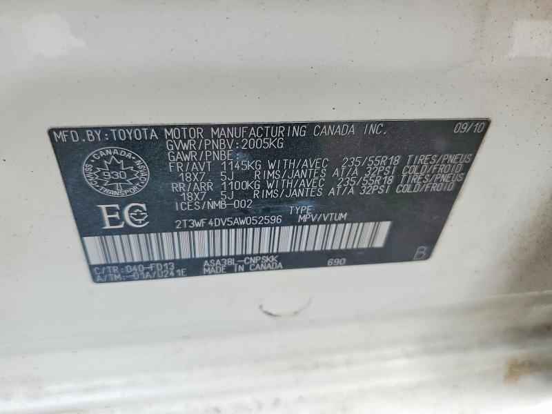 49386946 :رقم المزاد ، 2T3WF4DV5AW052596 vin ، 2010 Toyota Rav4 مزاد بيع