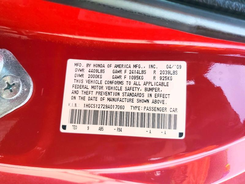Aukcja sprzedaży 2009 Honda Accord, vin: 1HGCS12729A017060, numer aukcji: 52145496