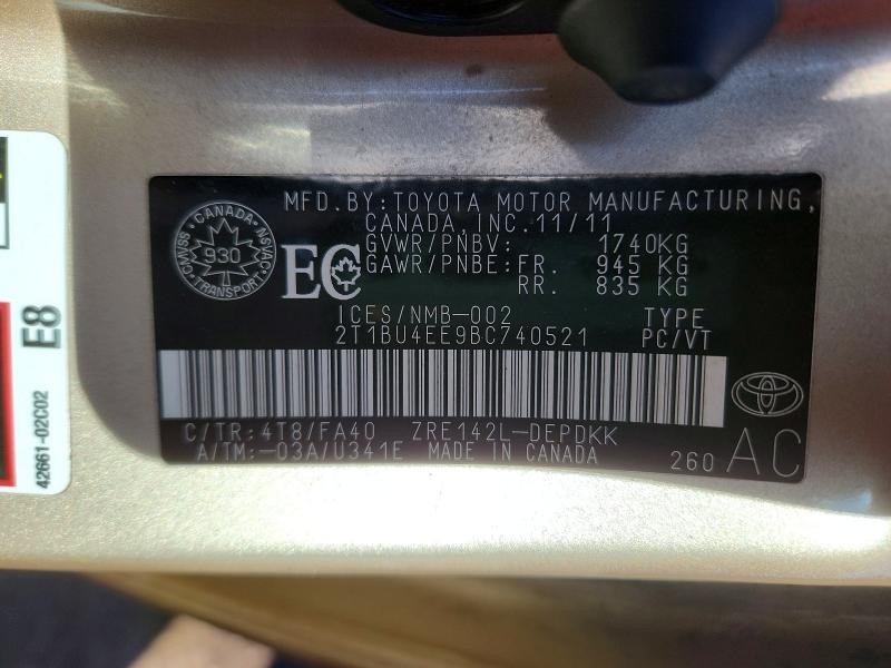 50622056 :رقم المزاد ، 2T1BU4EE9BC740521 vin ، 2011 Toyota Corolla مزاد بيع