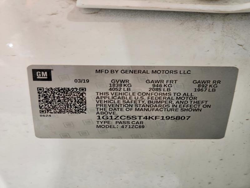 51109556 :رقم المزاد ، 1G1ZC5ST4KF195807 vin ، 2019 Chevrolet Malibu مزاد بيع