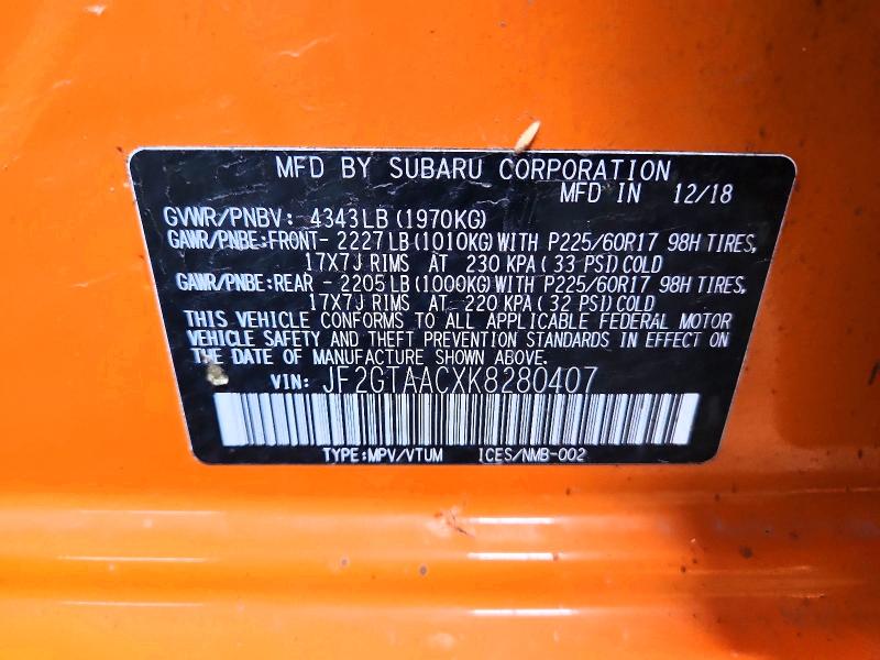 Aukcja sprzedaży 2019 Subaru Crosstrek, vin: JF2GTAACXK8280407, numer aukcji: 50124706