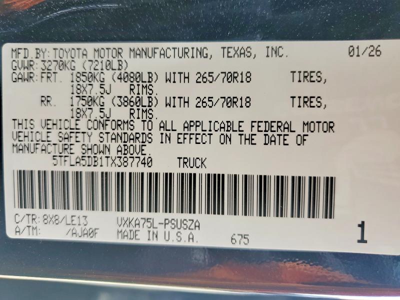 2026 Toyota Tundra მანქანა იყიდება აუქციონზე, vin: 5TFLA5DB1TX387740, აუქციონის ნომერი: 50459566