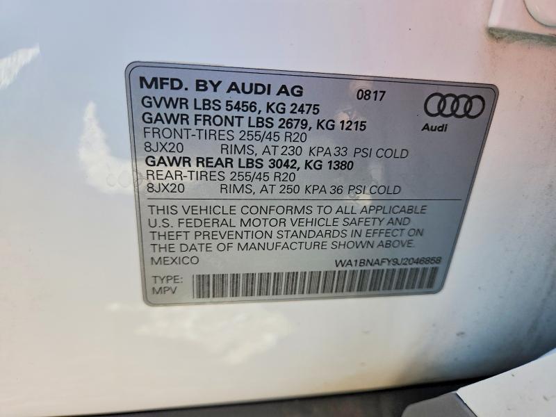 2018 Audi Q5 მანქანა იყიდება აუქციონზე, vin: WA1BNAFY9J2046858, აუქციონის ნომერი: 50435336