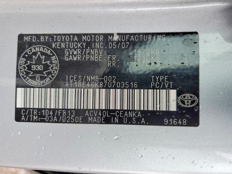 Продажа на аукционе авто 2007 Toyota Camry, vin: 4T1BE46K87U703516, номер лота: 49622806