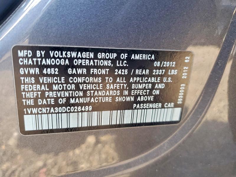 2013 Volkswagen Passat მანქანა იყიდება აუქციონზე, vin: 1VWCN7A30DC026499, აუქციონის ნომერი: 48684786