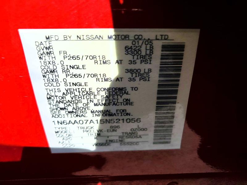 51493116 :رقم المزاد ، 1N6AA07A15N521056 vin ، 2005 Nissan Titan مزاد بيع