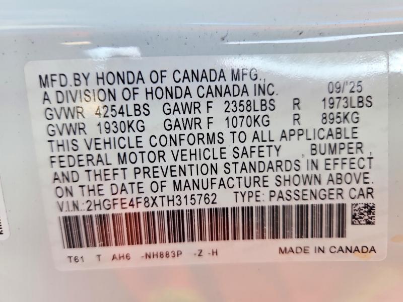 2026 Honda Civic მანქანა იყიდება აუქციონზე, vin: 2HGFE4F8XTH315762, აუქციონის ნომერი: 51035396