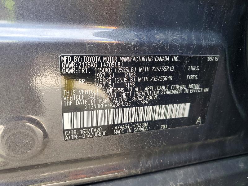 Продажа на аукционе авто 2019 Toyota Rav4, vin: 2T3N1RFV4KW081335, номер лота: 49489416