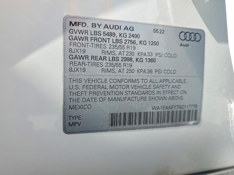 50183416 :رقم المزاد ، WA1EAAFY7N2117778 vin ، 2022 Audi Q5 مزاد بيع