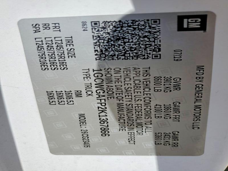 Продаж на аукціоні авто 2019 Chev Express G2500, vin: 1GCWGAFP2K1367866, номер лоту: 52971316