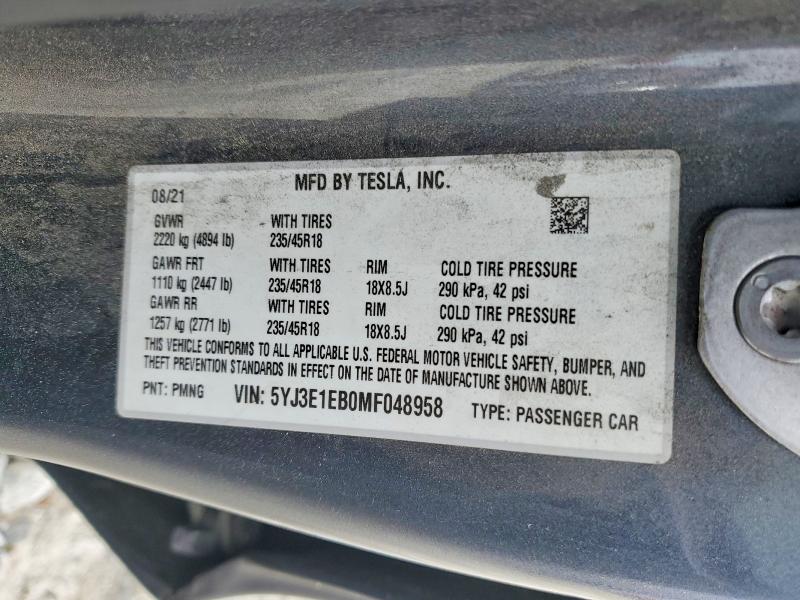 48094576 :رقم المزاد ، 5YJ3E1EB0MF048958 vin ، 2021 Tesla Model 3 مزاد بيع