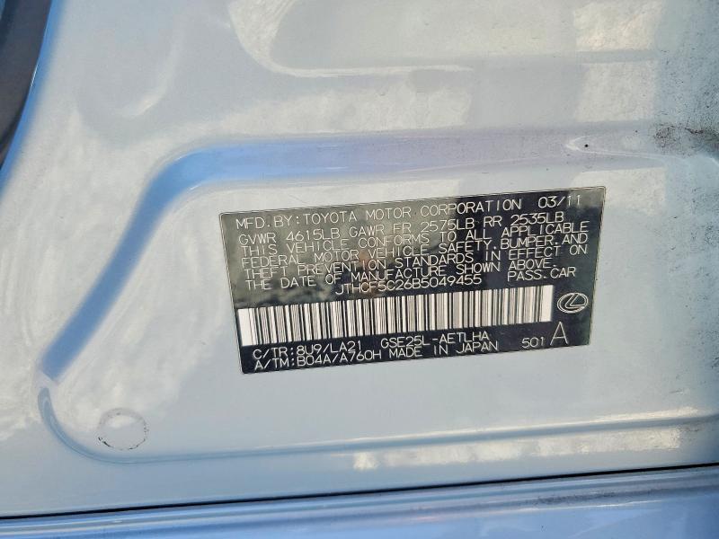 49425576 :رقم المزاد ، JTHCF5C26B5049455 vin ، 2011 Lexus Is 250 مزاد بيع