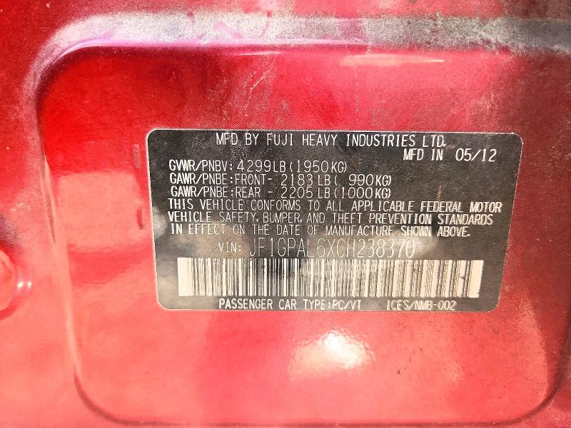 Продаж на аукціоні авто 2012 Subaru Impreza, vin: JF1GPAL6XCH238370, номер лоту: 50442536