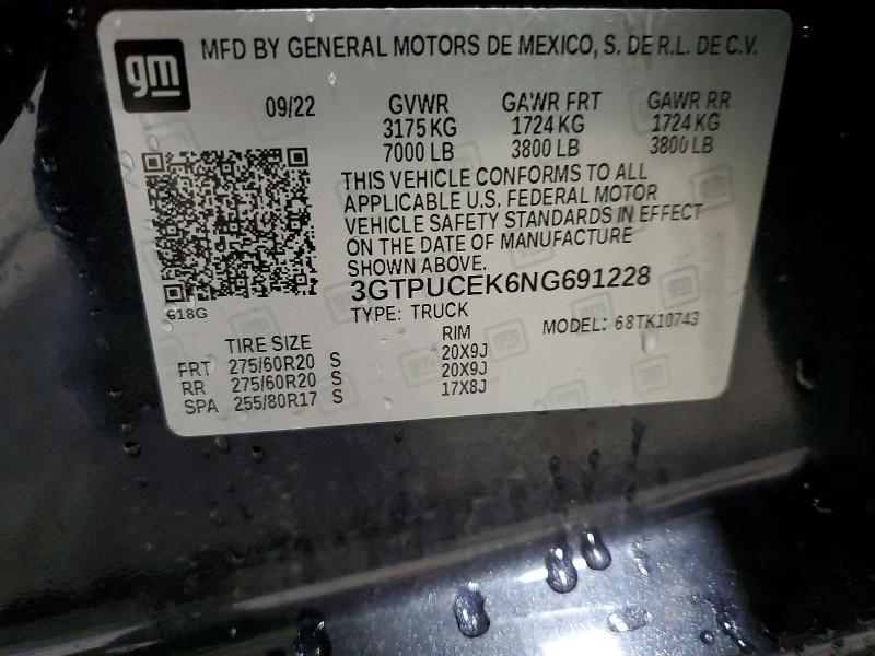 2022 Gmc Sierra მანქანა იყიდება აუქციონზე, vin: 3GTPUCEK6NG691228, აუქციონის ნომერი: 46852426