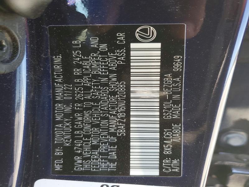 50852376 :رقم المزاد ، 58AFZ1B16NU120885 vin ، 2022 Lexus Es 350 مزاد بيع