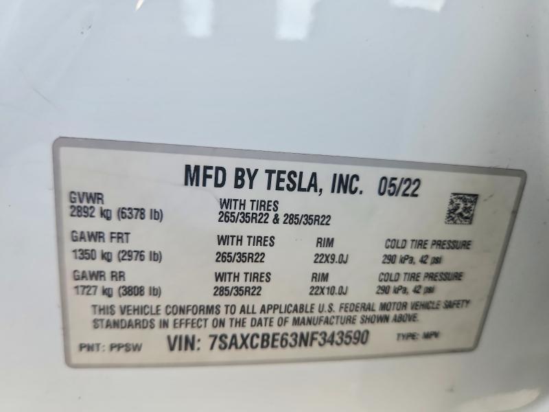 Продажа на аукционе авто 2022 Tesla Model X, vin: 7SAXCBE63NF343590, номер лота: 49390076