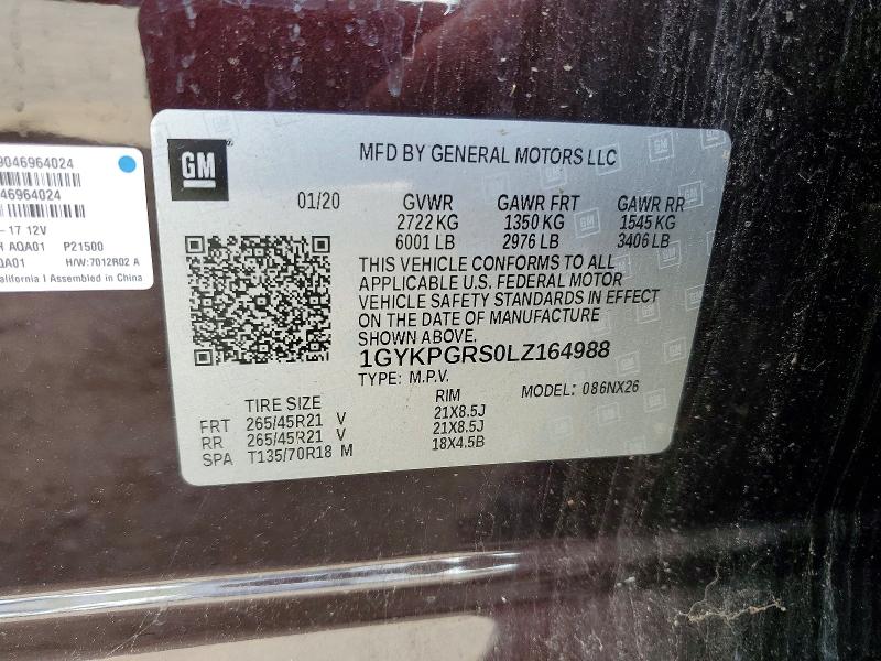 50284426 :رقم المزاد ، 1GYKPGRS0LZ164988 vin ، 2020 Cadillac Xt6 مزاد بيع