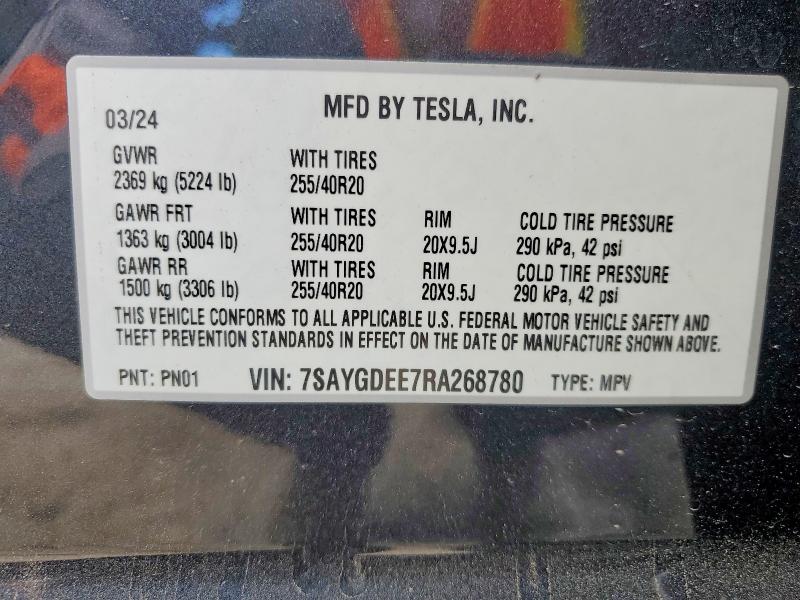Продажа на аукционе авто 2024 Tesla Model Y, vin: 7SAYGDEE7RA268780, номер лота: 49020096