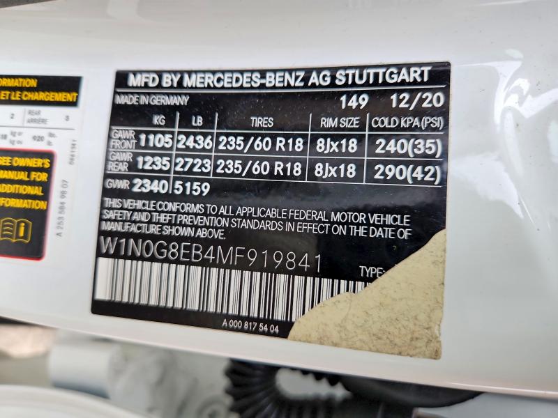 2021 Mercedes-benz Glc მანქანა იყიდება აუქციონზე, vin: W1N0G8EB4MF919841, აუქციონის ნომერი: 48142436