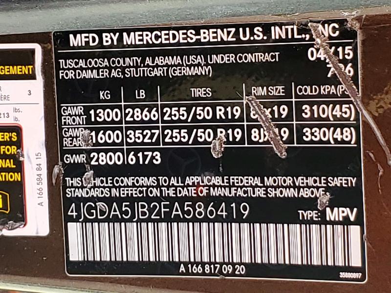 Aukcja sprzedaży 2015 Mercedes-benz Ml, vin: 4JGDA5JB2FA586419, numer aukcji: 51888326