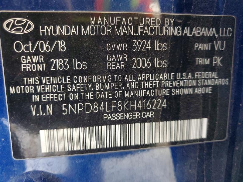 Продажа на аукционе авто 2019 Hyundai Elantra, vin: 5NPD84LF8KH416224, номер лота: 50732206