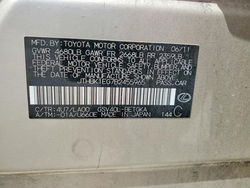 2011 Lexus Es 350 მანქანა იყიდება აუქციონზე, vin: JTHBK1EG7B2455965, აუქციონის ნომერი: 47533626