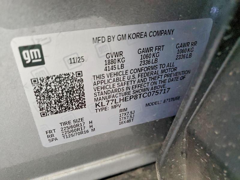 2026 Chevrolet Trax მანქანა იყიდება აუქციონზე, vin: KL77LHEP8TC075717, აუქციონის ნომერი: 48716646