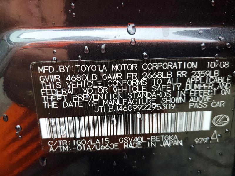 Aukcja sprzedaży 2009 Lexus Es 350, vin: JTHBJ46G992295309, numer aukcji: 47912606