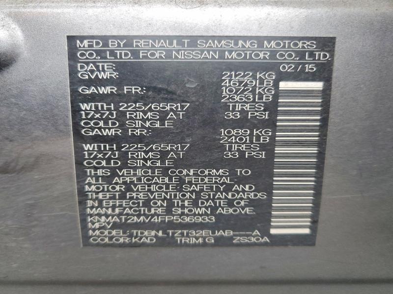 2015 Nissan Rogue მანქანა იყიდება აუქციონზე, vin: KNMAT2MV4FP536933, აუქციონის ნომერი: 48302516