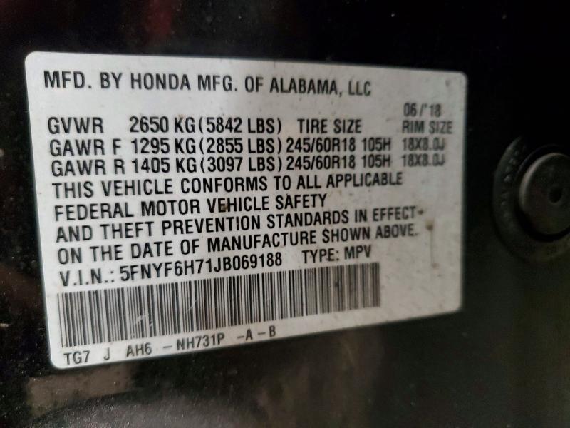 2018 Honda Pilot მანქანა იყიდება აუქციონზე, vin: 5FNYF6H71JB069188, აუქციონის ნომერი: 49328826