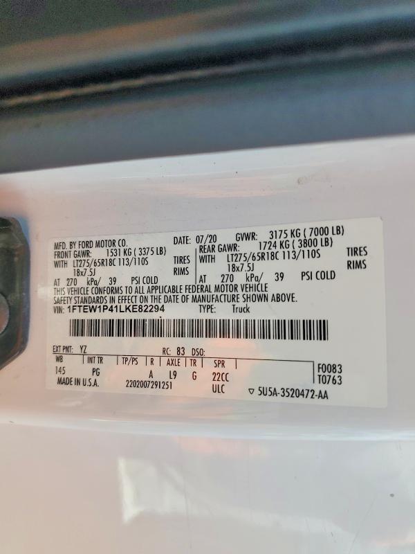 49869046 :رقم المزاد ، 1FTEW1P41LKE82294 vin ، 2020 Ford F150 مزاد بيع