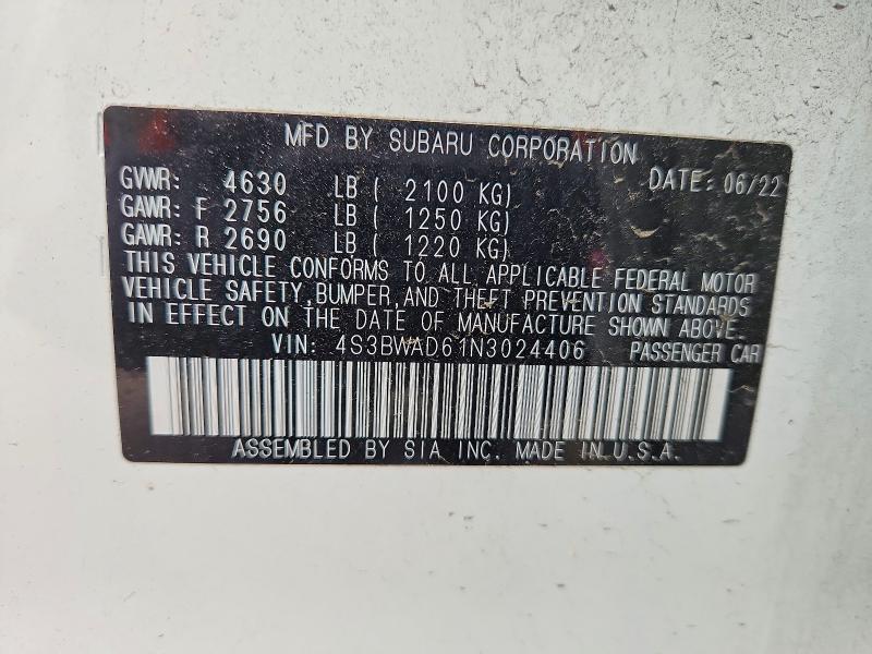51598716 :رقم المزاد ، 4S3BWAD61N3024406 vin ، 2022 Subaru Legacy مزاد بيع
