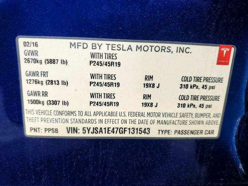 Продажа на аукционе авто 2016 Tesla Model S, vin: 5YJSA1E47GF131543, номер лота: 48708916