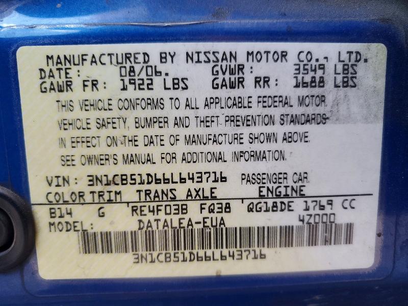 52083186 :رقم المزاد ، 3N1CB51D66L643716 vin ، 2006 Nissan Sentra مزاد بيع