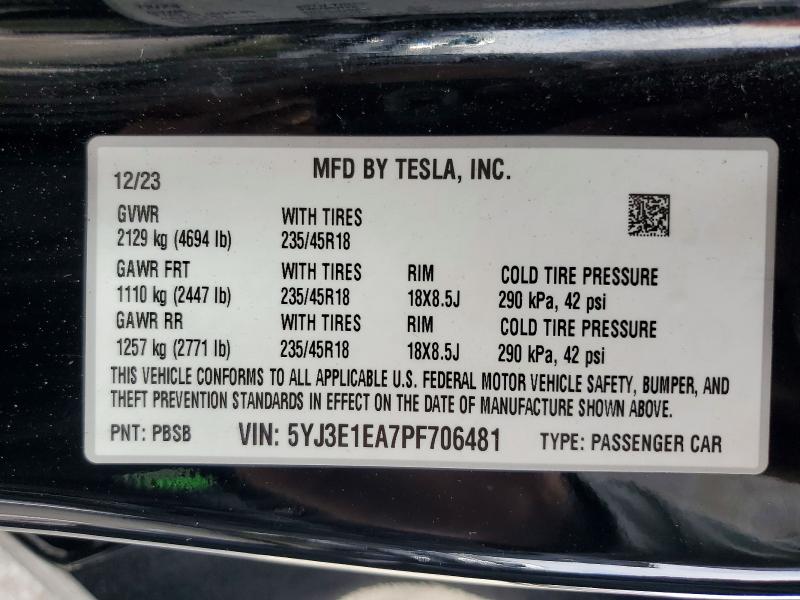 Продаж на аукціоні авто 2023 Tesla Model 3, vin: 5YJ3E1EA7PF706481, номер лоту: 50163286