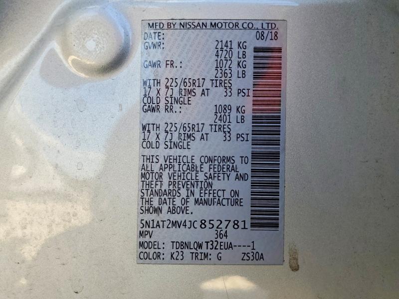2018 Nissan Rogue მანქანა იყიდება აუქციონზე, vin: 5N1AT2MV4JC852781, აუქციონის ნომერი: 49883726