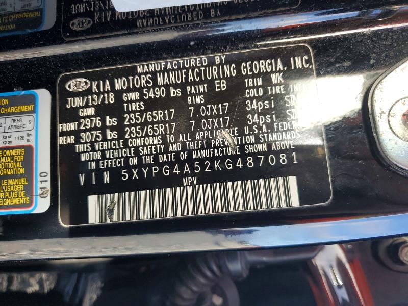 49195726 :رقم المزاد ، 5XYPG4A52KG487081 vin ، 2019 Kia Sorento مزاد بيع