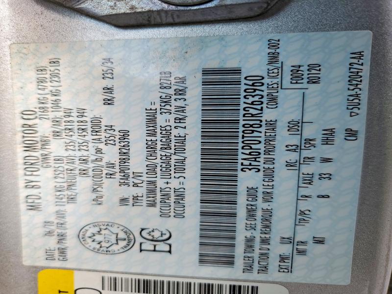 Продаж на аукціоні авто 2018 Ford Fusion, vin: 3FA6P0T98JR263960, номер лоту: 50620986
