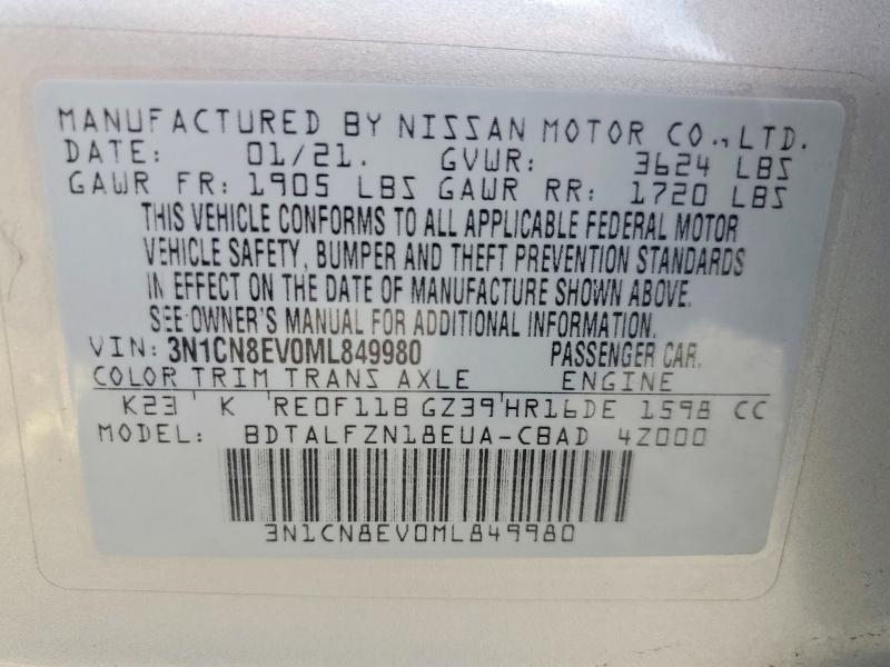 Aukcja sprzedaży 2021 Nissan Versa, vin: 3N1CN8EV0ML849980, numer aukcji: 52013396