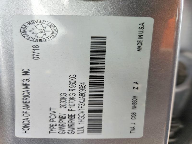 49432206 :رقم المزاد ، 1HGCV1F3XJA809654 vin ، 2018 Honda Accord مزاد بيع