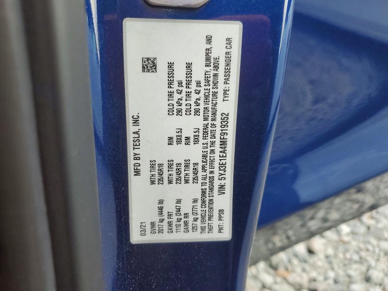 Aukcja sprzedaży 2021 Tesla Model 3, vin: 5YJ3E1EA4MF919352, numer aukcji: 48766306